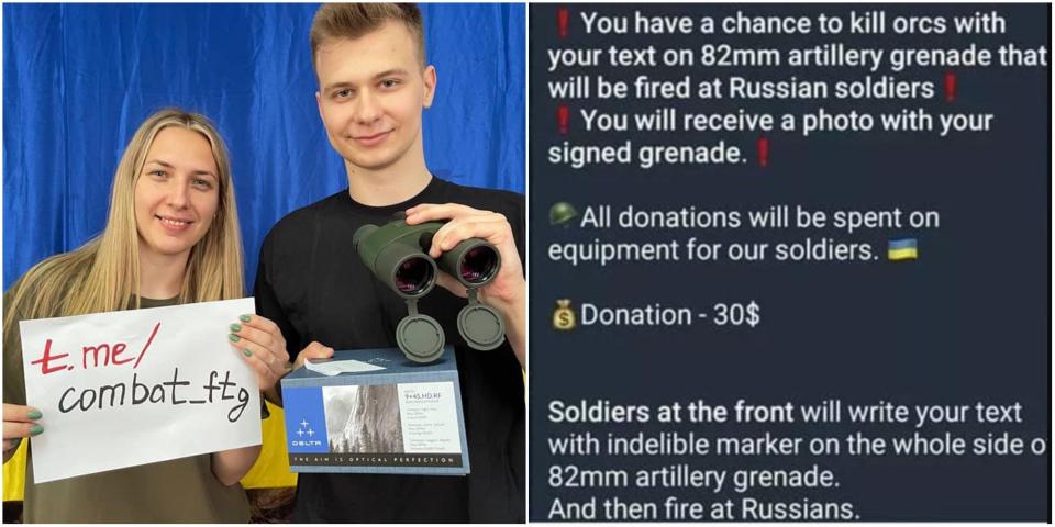 A composite image showing Anton Sokolenko and a fellow volunteer, holding a sign with the Telegram address: t.me/combat.ftg, and a screenshot of his original ad.