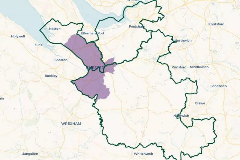 The abolished City of Chester constituency (in purple) and its successor constituencies, outlined in green -Credit:House of Commons Library