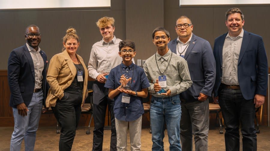 The winners of the Kansas State Finals of the National Civics Bee, along with local leaders, on May 9, 2024. (Photo courtesy Julian Montes, Kansas Leadership Center)(Photo courtesy Julian Montes, Kansas Leadership Center)