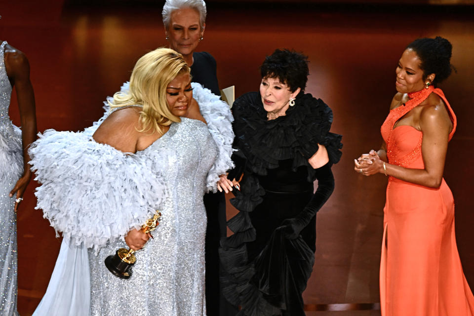 US actress Da'Vine Joy Randolph (L) reacts as she accepts the award for Best Actress in a Supporting Role 