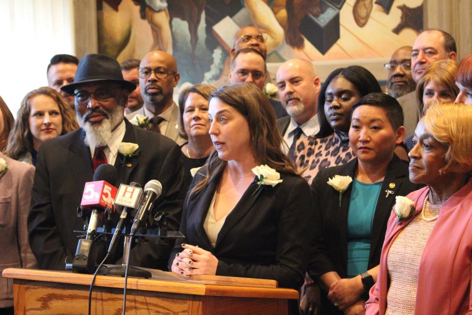 House Minority Leader Crystal Quade speaks to reporters at the State Capitol in Jefferson City on Jan. 4, 2023.