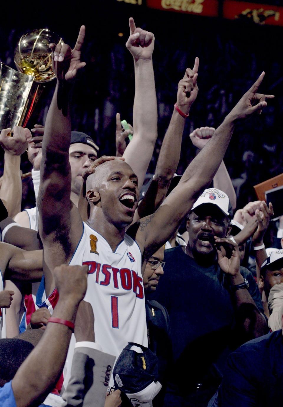 Pistons guard and NBA Finals MVP Chauncey Billups celebrates the 100-87 victory over the Lakers to win the NBA championship in Game 5 on June 15, 2004, at the Palace.