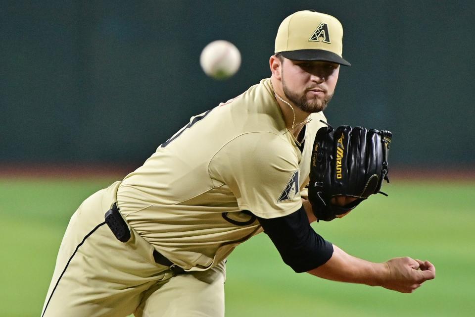 Arizona Diamondbacks pitcher Slade Cecconi (43) pitches in the first inning against the Cincinnati Reds at Chase Field in Phoenix on May 14, 2024.