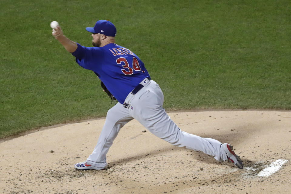 Chicago Cubs starting pitcher Jon Lester delivers during the third inning of a baseball game against the New York Mets, Thursday, Aug. 29, 2019, in New York. (AP Photo/Kathy Willens)