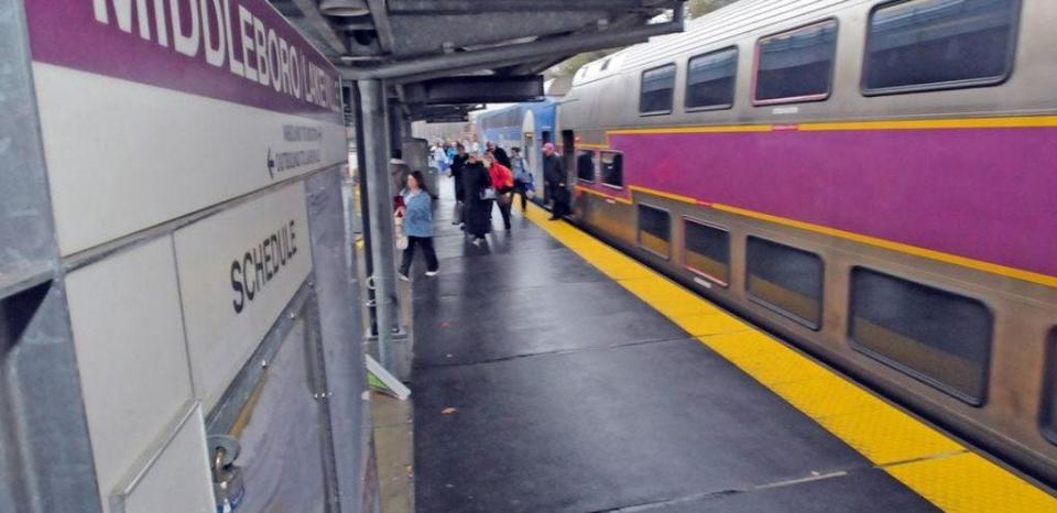 Passengers depart train recently at Middleboro-Lakeville MBTA commuter rail station.