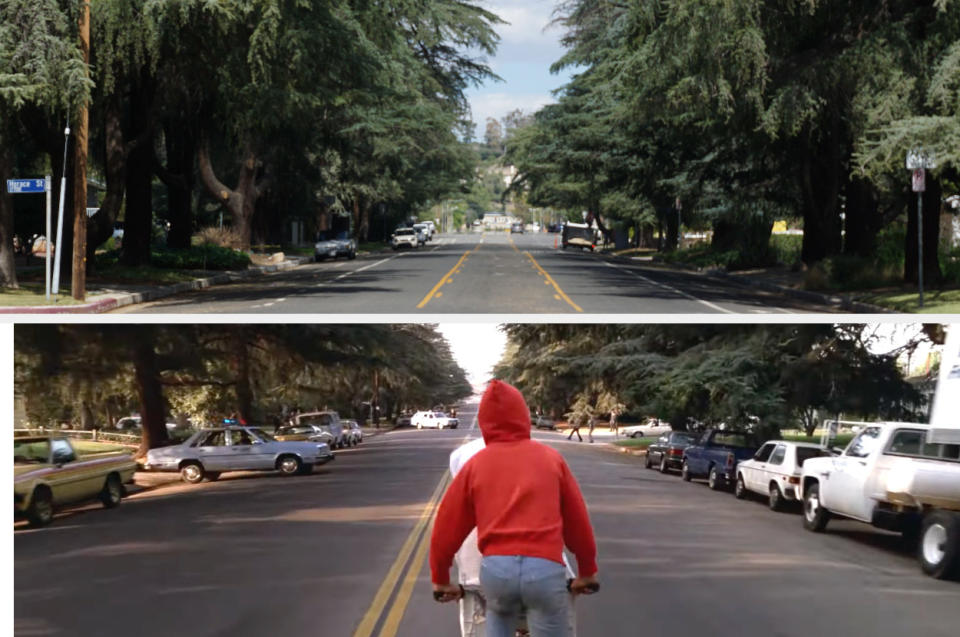 (Top) Main street lined with tall cedar trees (Bottom) Elliot flees from the FBI on his bike in "E.T."