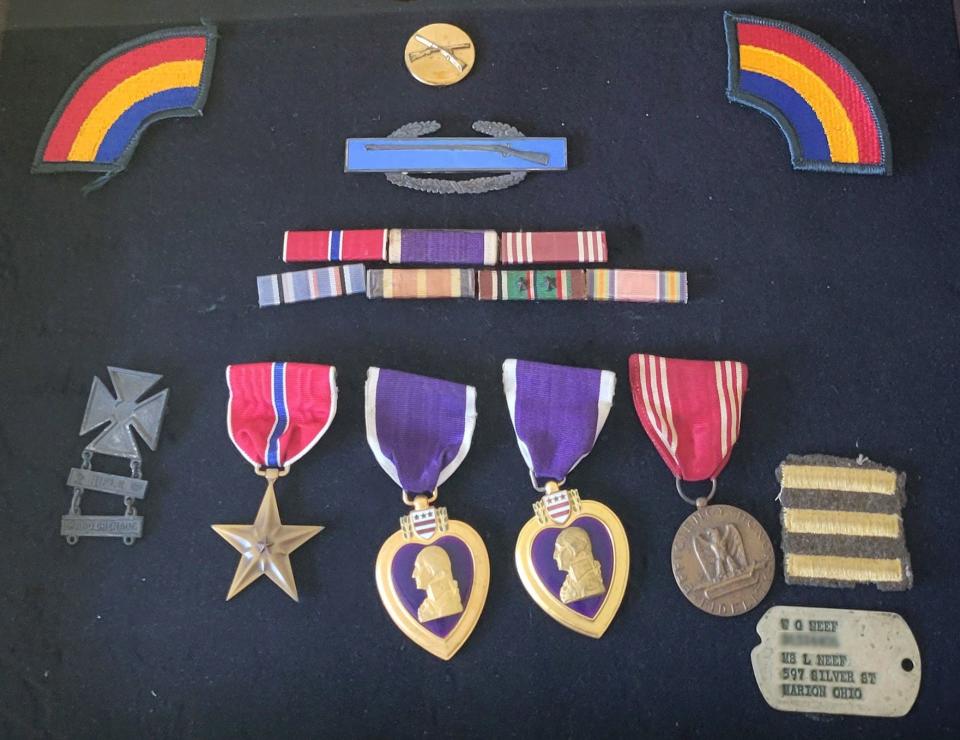 Wally Neef's US Army medals, including two Purple Hearts are framed in his home in Nokomis.