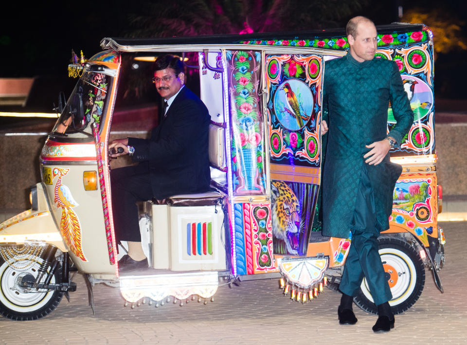 ISLAMABAD, PAKISTAN - OCTOBER 15: Catherine, Duchess of Cambridge and Prince William, Duke of Cambridge arrive by Tuk Tuk as they attend a special reception hosted by the British High Commissioner Thomas Drew, at the Pakistan National Monument, during day two of their royal tour of Pakistan on October 15, 2019 in Islamabad, Pakistan. (Photo by Samir Hussein/WireImage)