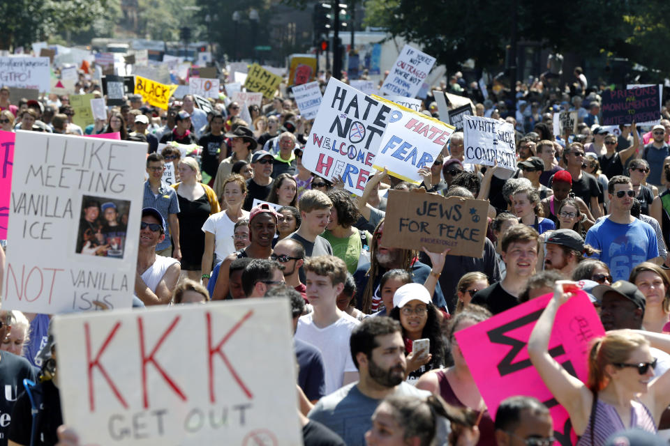 Counterprotesters on the periphery of a “Free Speech” rally staged by conservative activists on Boston Common, Aug. 19, 2017, in Boston. (Photo: Michael Dwyer/AP)