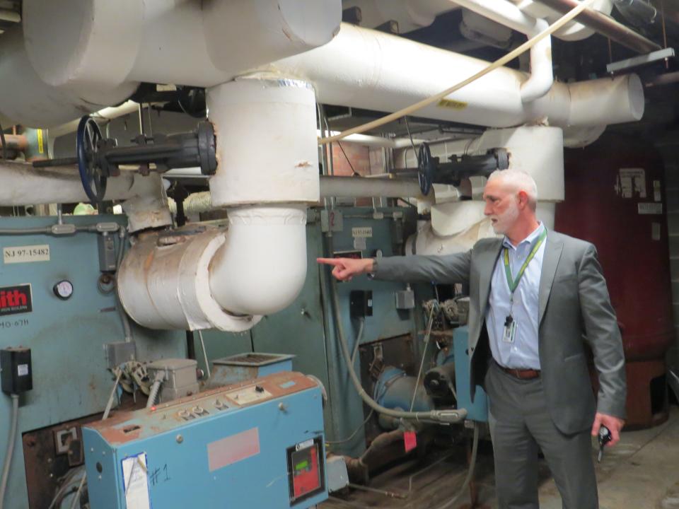 Walking through Rockaway Valley School ahead of a March 12 $15 million referendum vote, showing aging 1959 infrastructure, outdated facilities and storage in leaky hallways. Superintendent Dr. Christian Angelillo points to aging boilers.