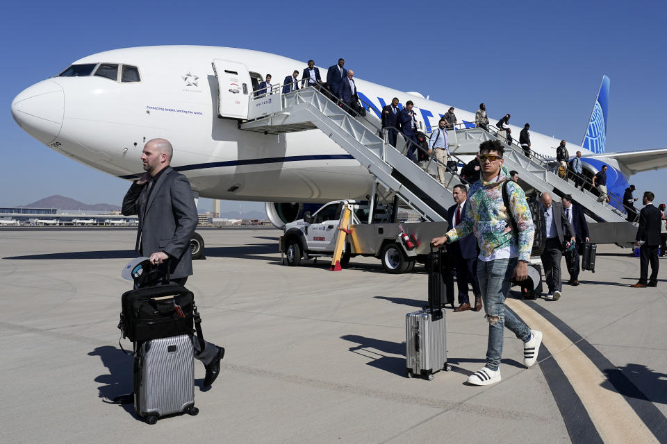 Kansas City Chiefs quarterback Patrick Mahomes arrives ahead of Super Bowl 57, Sunday, Feb. 5, 2023, in Phoenix. The Kansas City Chiefs will play the Philadelphia Eagles on Sunday. (AP Photo/David J. Phillip)