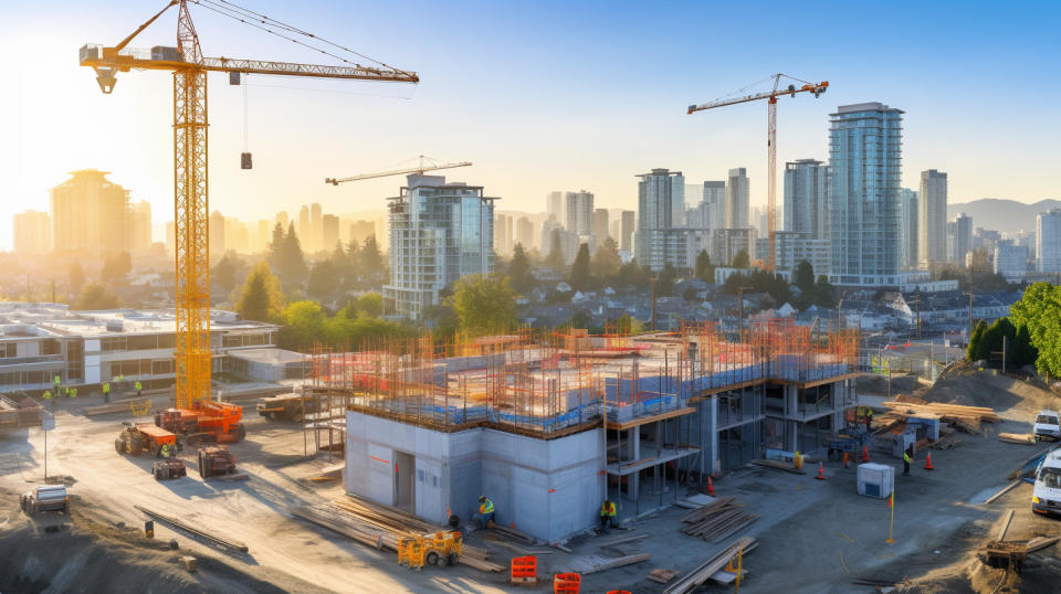 A construction site of a multi-family residential complex, a modern urban skyline in the background.