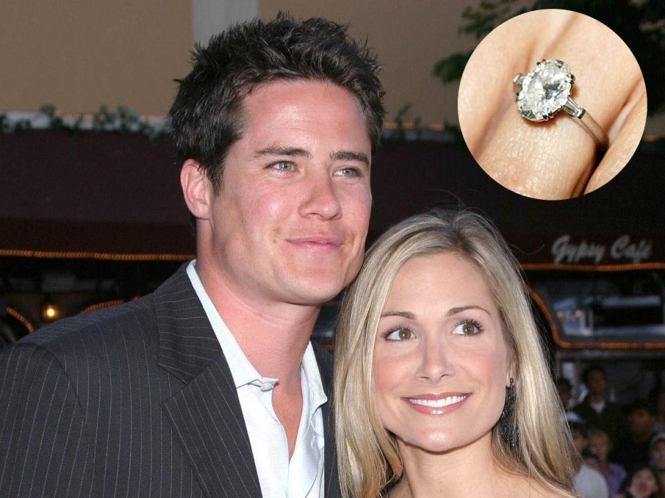 Jennifer Schefft and Andrew Firestone smile with an inset of her engagement ring.