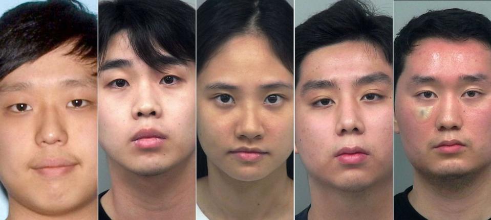 PHOTO: Police released the mug shots for 5 of the 6 suspects arrested (the 6th is a juvenile and wasn't released.) From left are: Eric Hyun, Gawom Lee, Hyunji Lee, Juoonhyum Lee, Joonho Lee. (Gwinnett County Police Department)