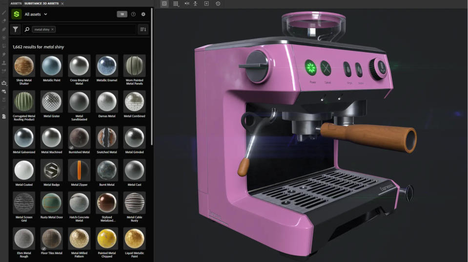 A screenshot of a coffee machine and 3D assets in Adobe Substance 3D Painter