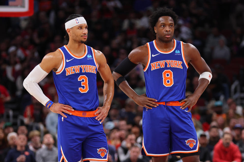 CHICAGO, ILLINOIS - APRIL 09: Josh Hart #3 and OG Anunoby #8 of the New York Knicks look on against the Chicago Bulls during the first half at the United Center on April 09, 2024 in Chicago, Illinois. NOTE TO USER: User expressly acknowledges and agrees that, by downloading and or using this photograph, User is consenting to the terms and conditions of the Getty Images License Agreement. (Photo by Michael Reaves/Getty Images)