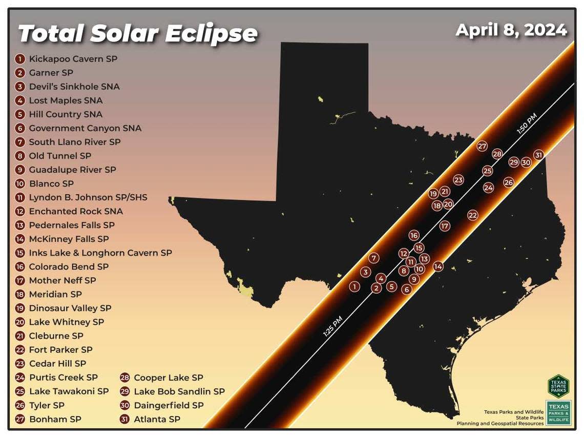 Texas State Park Total Eclipse pathway according to Texas Park and Wildlife Department.