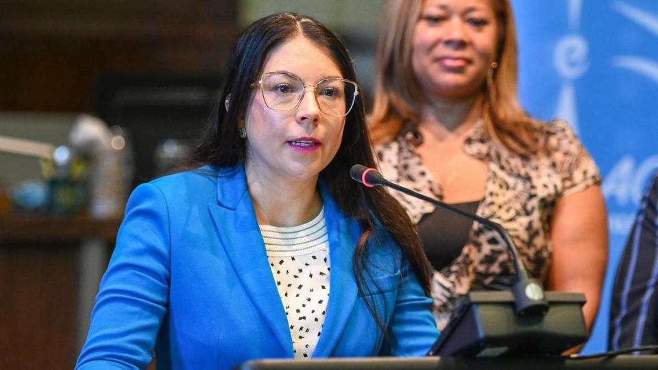 Fresno Unified School District Board President Elizabeth Jonasson Rosas speaks during a press conference to announce the donation of $20 million to the Fresno Unified Education Foundation at Fresno Unified on Wednesday, Sept. 5, 2022.