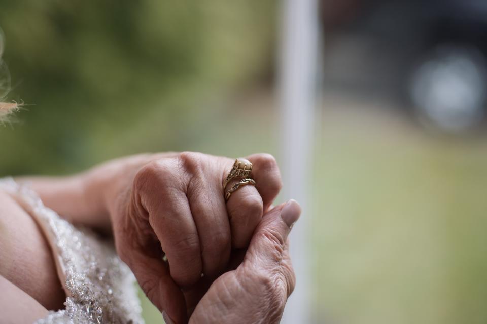 Sandy Sikorski's wedding ring, made of a pearl she found inside of a clam.