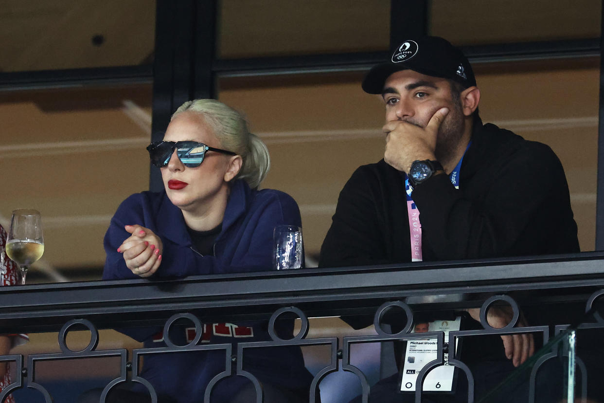 PARIS, FRANCE - JULY 28: Lady Gaga attends the Artistic Gymnastics Women's Qualification on day two of the Olympic Games Paris 2024 at Bercy Arena on July 28, 2024 in Paris, France. (Photo by Arturo Holmes/Getty Images)