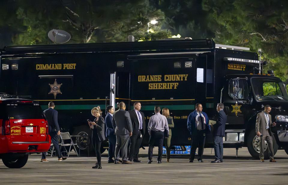 The Orange County sheriff’s mobile command post uses the parking lot at Saddleback Church as as staging area in Lake Forest, Calif., Wednesday, Aug. 23, 2023, after a fatal shooting at Cook’s Corner in Trabuco Canyon. | Leonard Ortiz, The Orange County Register via Associated Press