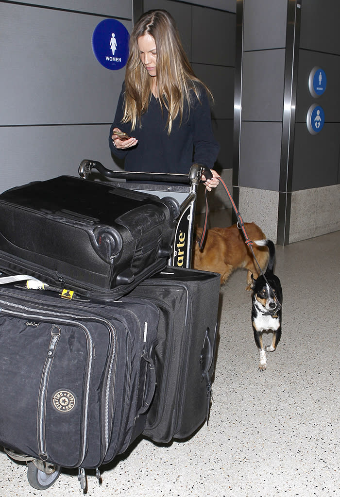 Hilaty Swank seen arriving at LAX with two dogs