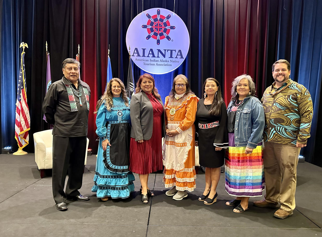 Featured left to right: AIANTA Board President Emerson Vallo (Pueblo of Acoma); Jo McDaniel, Choctaw Nation of Oklahoma Tourism Manager of Strategic Development; AIANTA CEO Sherry L. Rupert (Paiute/Washoe); Sue Folsom, Choctaw Tribal Elder and Choctaw National Cultural Projects Senior Director; Tammye Gwin, Senior Executive Officer, Division of Strategic Development of the Choctaw Nation of Oklahoma; Kerry Steve, Cultural Services, Choctaw Nation of Oklahoma; Kainoa Daines (Native Hawaiian), Senior Director of Destination Education, Hawaiʻi Visitors and Convention Bureau. (Photo/AIANTA)