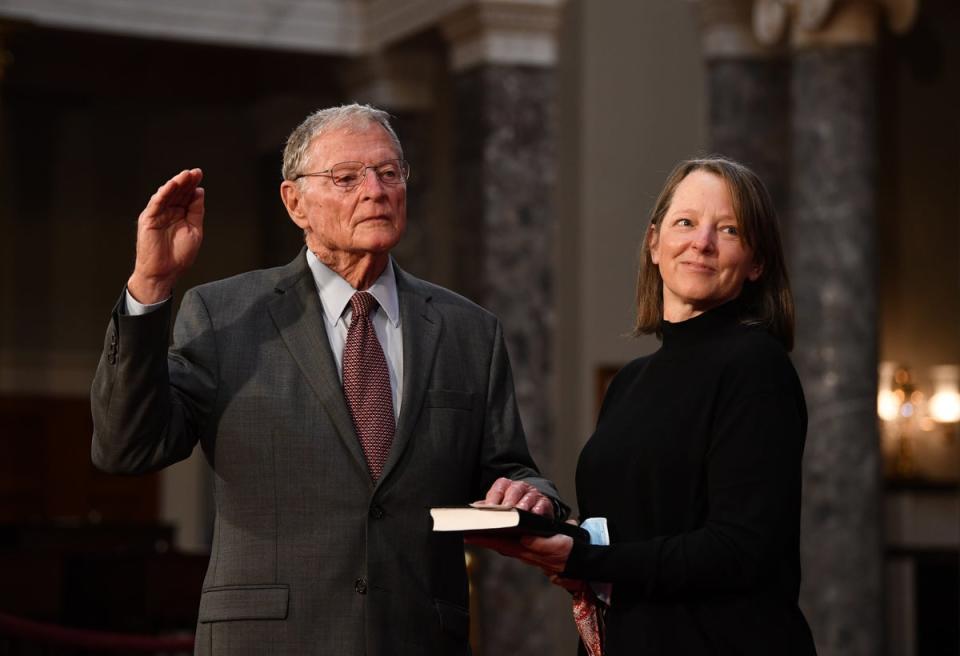 Senator Jim Inhofe participates in a mock swearing-in for the 117th Congress with Vice President Mike Pence, as his wife Kay Inhofe holds a bible, in the Old Senate Chambers at the U.S. Capitol Building  January 3, 2021 in Washington, DC (Getty Images)