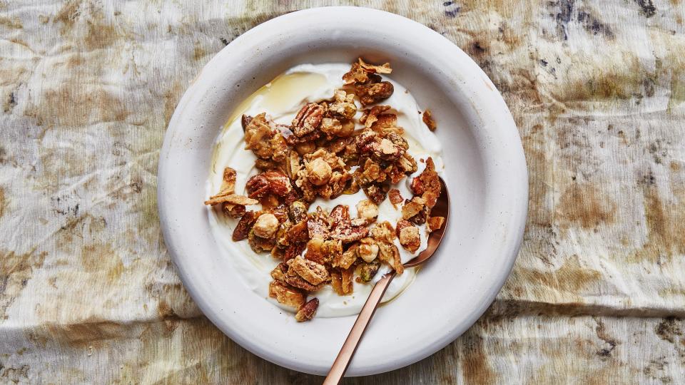 If you’re missing the oats in this gluten-free, make-ahead granola, simply swap out 1 cup of the nuts for ¾ cup rolled oats, but we like the fact that it's grain-free. <a rel="nofollow noopener" href="https://www.bonappetit.com/recipe/grain-free-tahini-granola?mbid=synd_yahoo_rss" target="_blank" data-ylk="slk:See recipe.;elm:context_link;itc:0;sec:content-canvas" class="link ">See recipe.</a>
