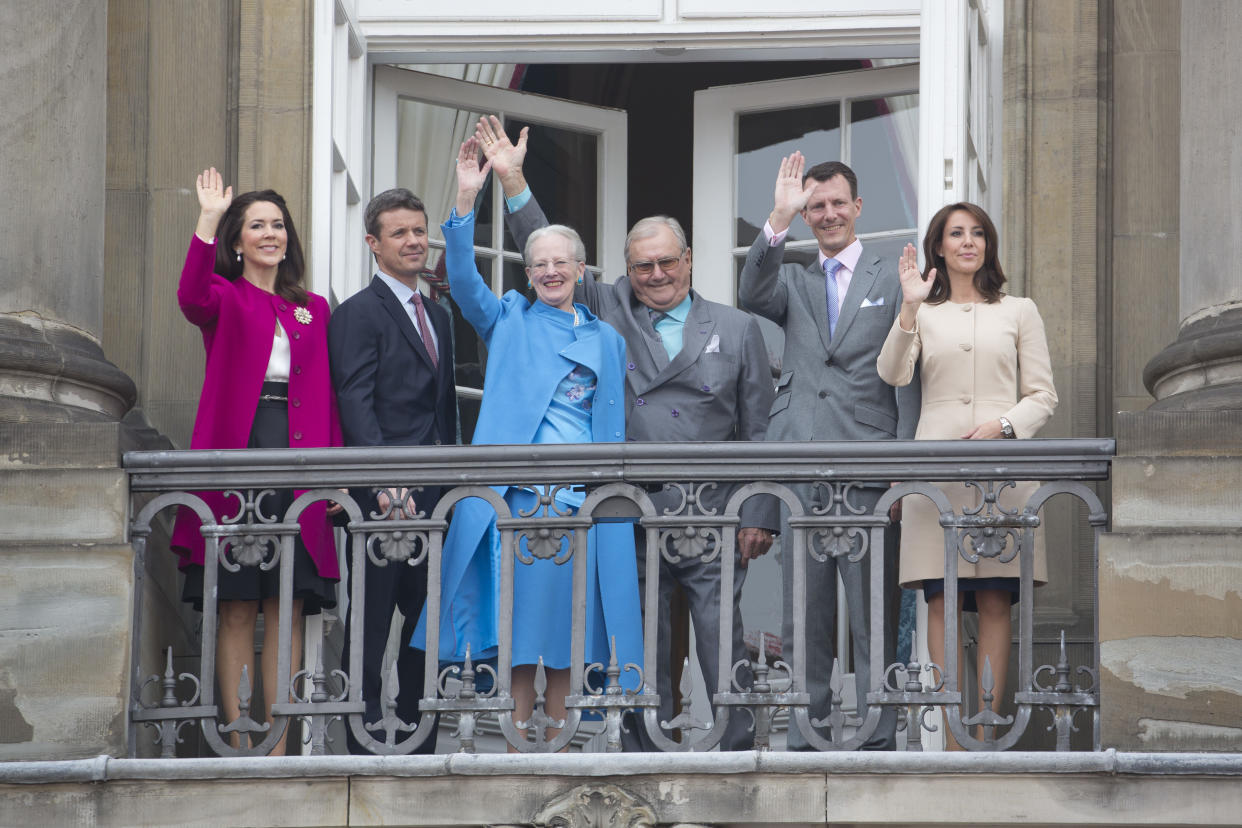 COPENHAGEN, DENMARK- APRIL 16:   Queen Margrethe  II of Denmark celebrates her 76th Birthday with, ( l to r ) Crown Princess Mary of Denmark and Crown Prince Frederik of Denmark, Queen Margrethe II of Denmark, Prince Henrik of Denmark, Prince Joachim and Princess Marie of Denmark, at  Amalienborg Palace, on April 16, 2016, in Copenhagen, Denmark (Photo by Julian Parker/UK Press via Getty Images)