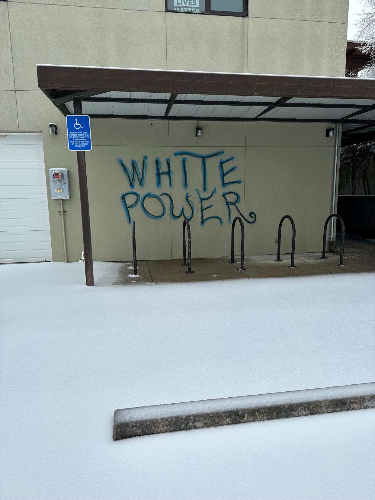 Graffiti tag at Temple Beth Israel depicts the term "White Power" on Jan. 14