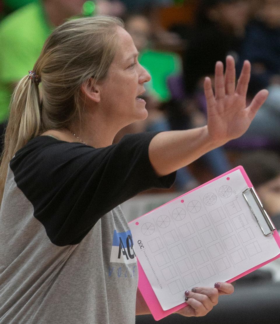 Hagerty High School Head Coach Juanita Hitts instructs her players against Venice High School during their FHSAA Class 7A State Championship volleyball match at Polk State College in Winter Haven Saturday night. November 12, 2022
