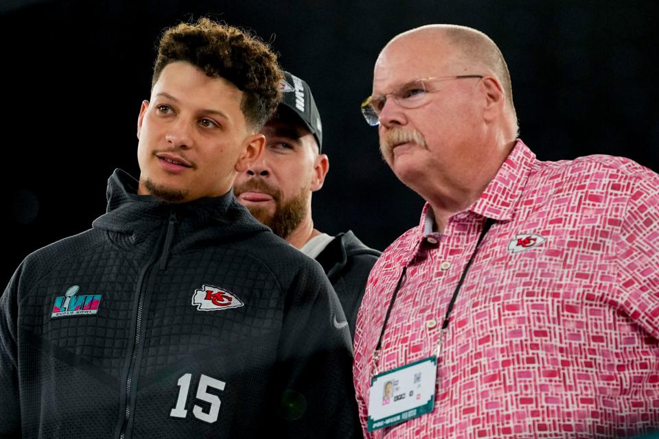 Kansas City Chiefs quarterback Patrick Mahomes and head coach Andy Reid arrive for the Super Bowl 57 opening night on Monday, Feb. 6, 2023, in Phoenix. The Kansas City Chiefs will play the Philadelphia Eagles on Feb. 12.