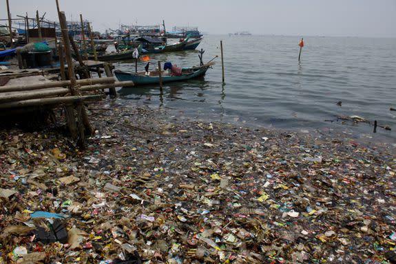 Coastal plastic waste on the Indonesian island of Jakarta in March 2018.