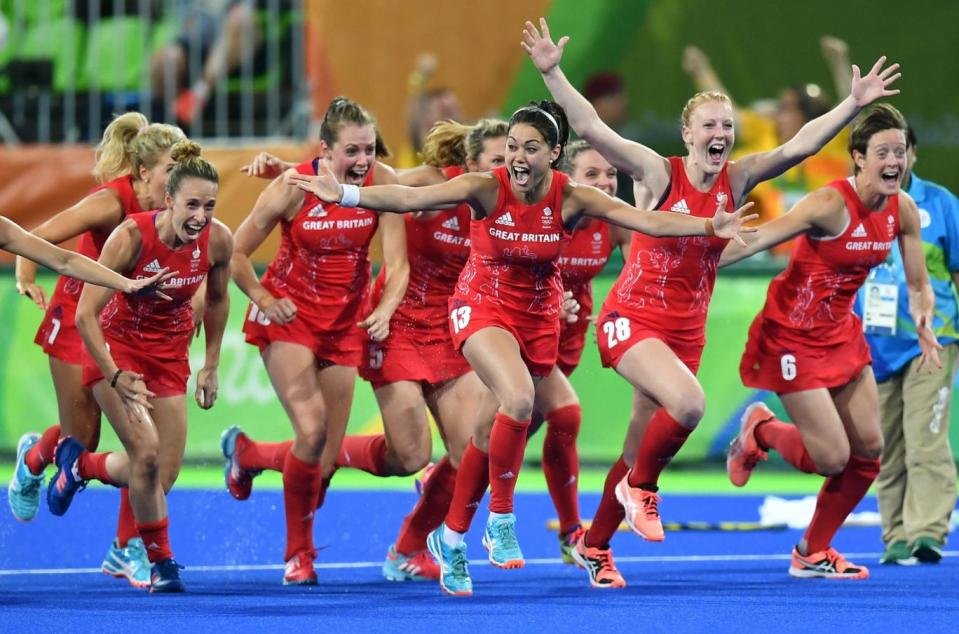 Nicholl has a picture of Team GB celebrating their hockey success in Rio hanging on her office wall Photo: Manan Vatsyayan/AFP/Getty Images