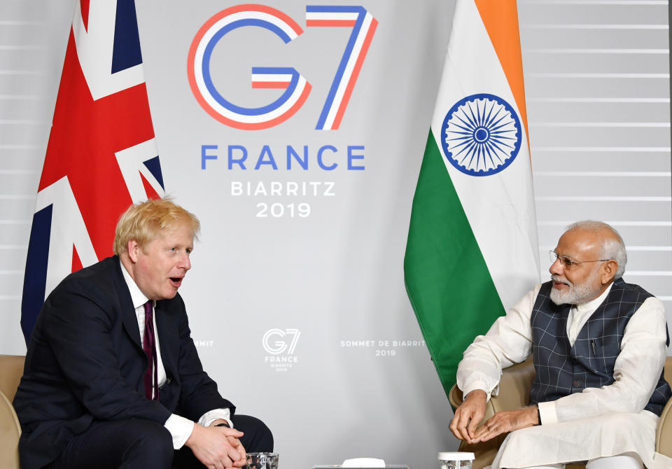 File photo dated 25/08/19 of Prime Minister Boris Johnson meeting India PM Narendra Modi for bilateral talks during the G7 summit in Biarritz, France. Boris Johnson has cancelled his visit to Delhi next week, as the coronavirus crisis worsens in India and concerns grow over a new variant there. Issue date: Monday April 19, 2021.