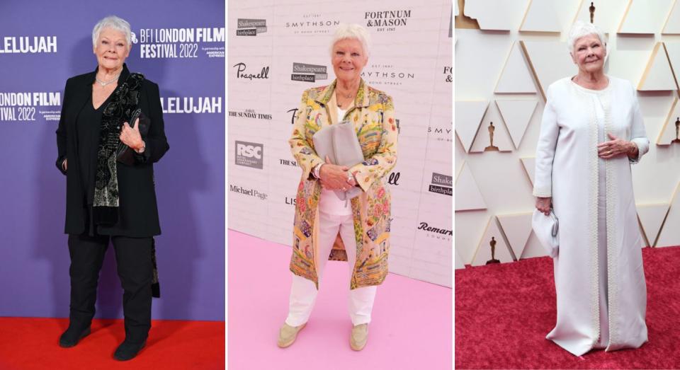 Dame Judi Dench keeps it classic on the red carpet. (Getty Images)