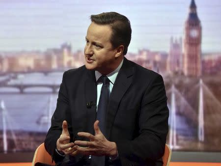 Prime Minister David Cameron is seen speaking on the BBC's Andrew Marr Show in this photograph received via the BBC in London, Britain January 10, 2016. REUTERS/Jeff Overs/BBC/Handout via Reuters