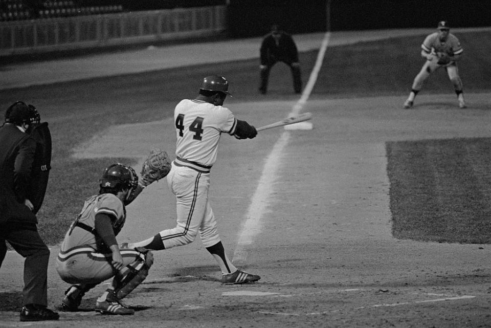 Hank Aaron hits Babe Ruth's record out of the park.