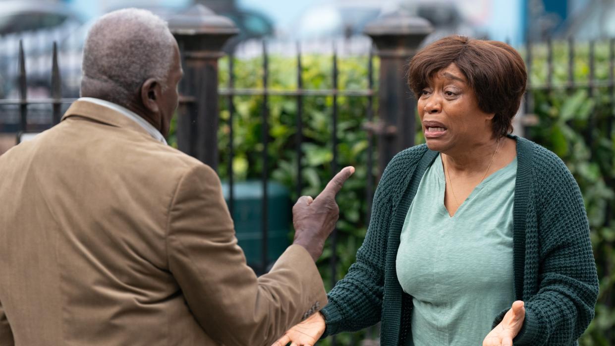  Yolande Trueman cries as she tries to stop Patrick Trueman from confronting Pastor Clayton. 