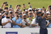 Tiger Woods hits his tee shot on the 13th hole during the first round of the PGA Championship golf tournament, Thursday, May 19, 2022, in Tulsa, Okla. (AP Photo/Matt York)