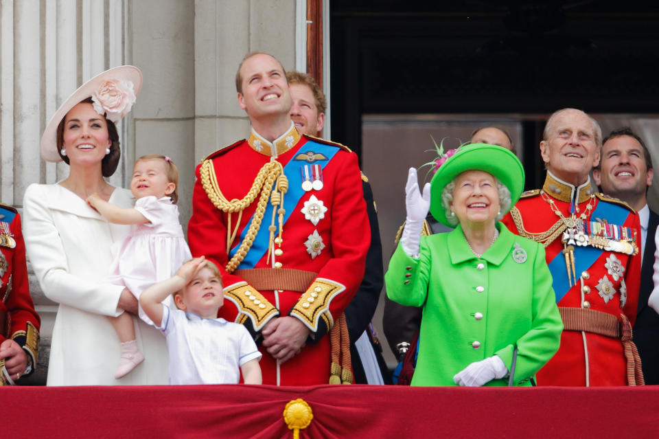LONDON, UNITED KINGDOM - JUNE 11: (EMBARGOED FOR PUBLICATION IN UK NEWSPAPERS UNTIL 48 HOURS AFTER CREATE DATE AND TIME) Catherine, Duchess of Cambridge,  Princess Charlotte of Cambridge, Prince George of Cambridge, Prince William, Duke of Cambridge, Queen Elizabeth II and Prince Philip, Duke of Edinburgh watch the flypast from the balcony of Buckingham Palace during Trooping the Colour, this year marking the Queen's 90th birthday on June 11, 2016 in London, England.  The ceremony is Queen Elizabeth II's annual birthday parade and dates back to the time of Charles II in the 17th Century when the Colours of a regiment were used as a rallying point in battle. (Photo by Max Mumby/Indigo/Getty Images)