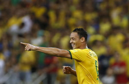 Ricardo Oliveira of Brazil celebrates his goal against Venezuela during their 2018 World Cup qualifying soccer match in Fortaleza, Brazil, October 13, 2015. REUTERS/Paulo Whitaker