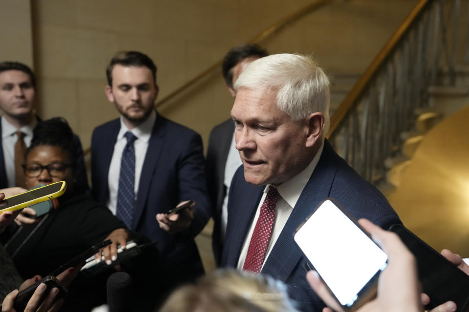 Rep. Pete Sessions, R-Texas, arrives as Republicans meet to decide who to nominate to be the new House speaker, on Capitol Hill in Washington, Monday, Oct. 23, 2023. (AP Photo/Alex Brandon)