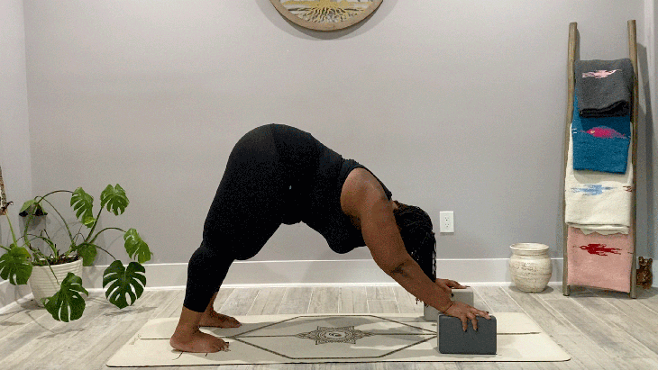 Woman on her yoga mat with blocks beneath her hands in an inverted V known in yoga as Downward-Facing Dog