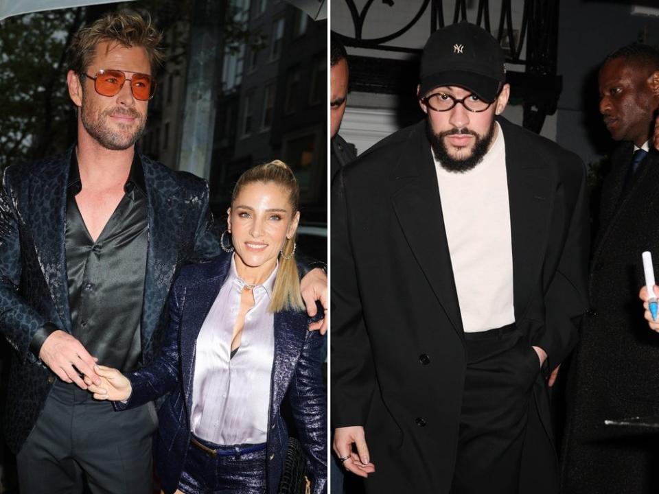 Chris Hemsworth mit Ehefrau Elsa Pataky und Rapper Bad Bunny auf dem Weg zum Pre-Met-Gala-Dinner. (Bild:  Backgrid/Action Press / Backgrid/Action Press)