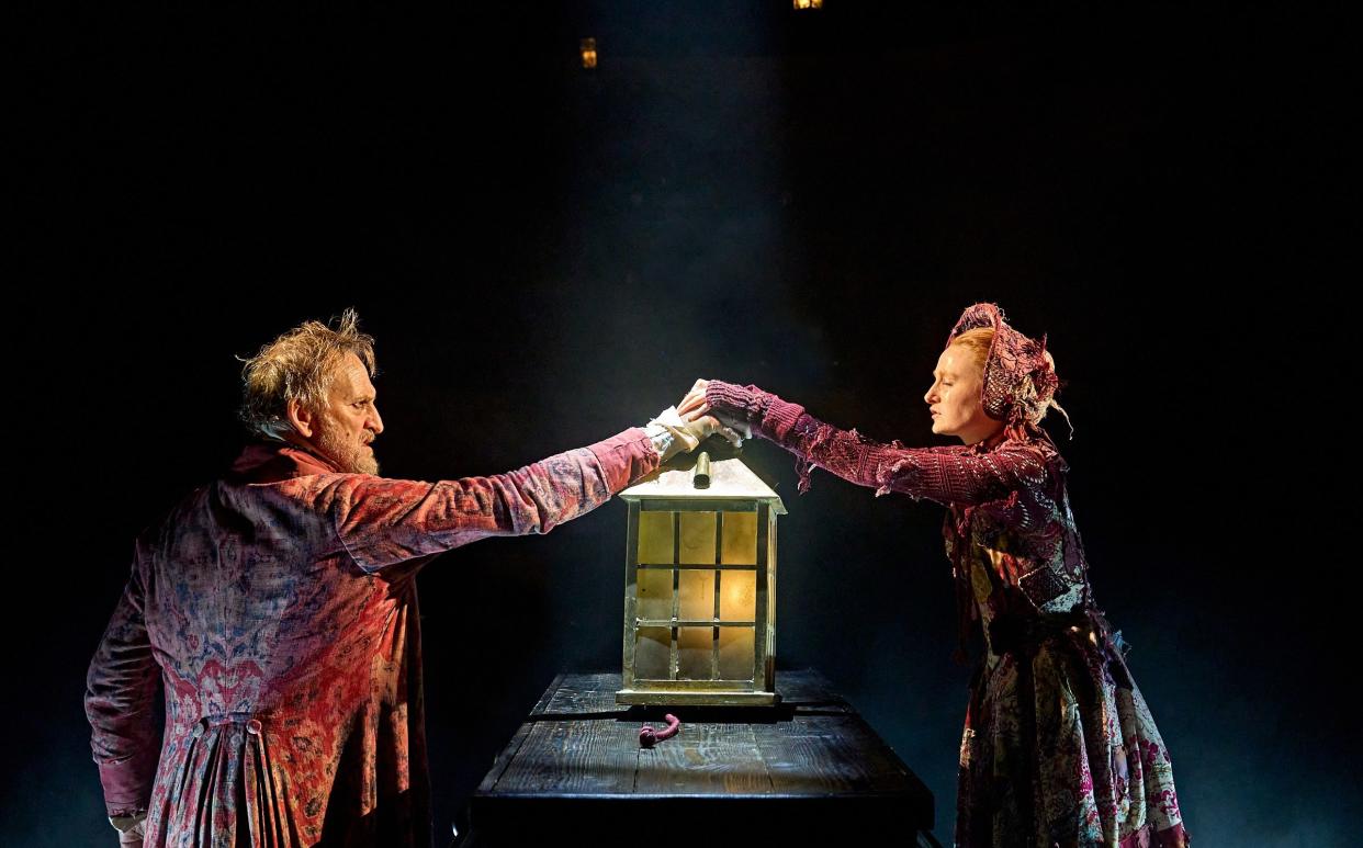 Christopher Eccleston as Ebenezer Scrooge and Rose Shalloo as Little Fan in A Christmas Carol at The Old Vic