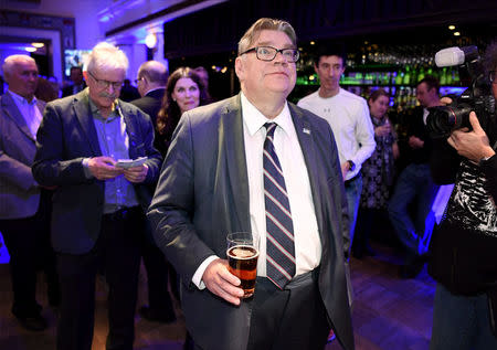 The True Finns Chairman Timo Soini enjoyed a beer while watching the results of the Finland's municipal elections in Helsinki, Finland on Sunday, April 9, 2017. Lehtikuva/Jussi Nukari/via REUTERS