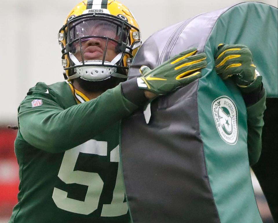 Linebacker Keshawn Banks (51) during the 2023 Green Bay Packers’ rookie minicamp on Friday, May 5, 2023 at the Don Hutson Center indoor practice facility in Ashwaubenon, Wis. Wm. Glasheen USA TODAY NETWORK-Wisconsin