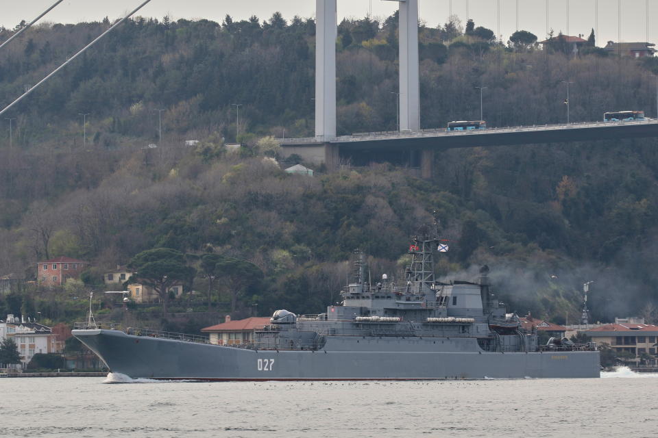 The Russian Navy's Ropucha-class landing ship Kondopoga passes through the Bosphorus on its way to the Black Sea, in Istanbul.